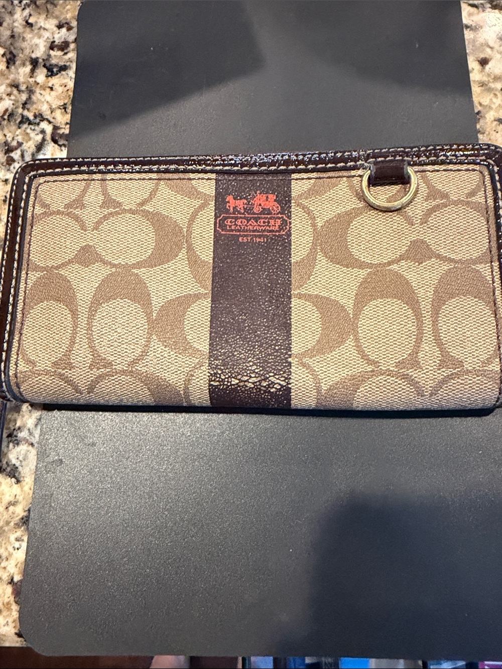 Coach Heritage Brown Signature Stripe Zip Wallet with Ring Detail
